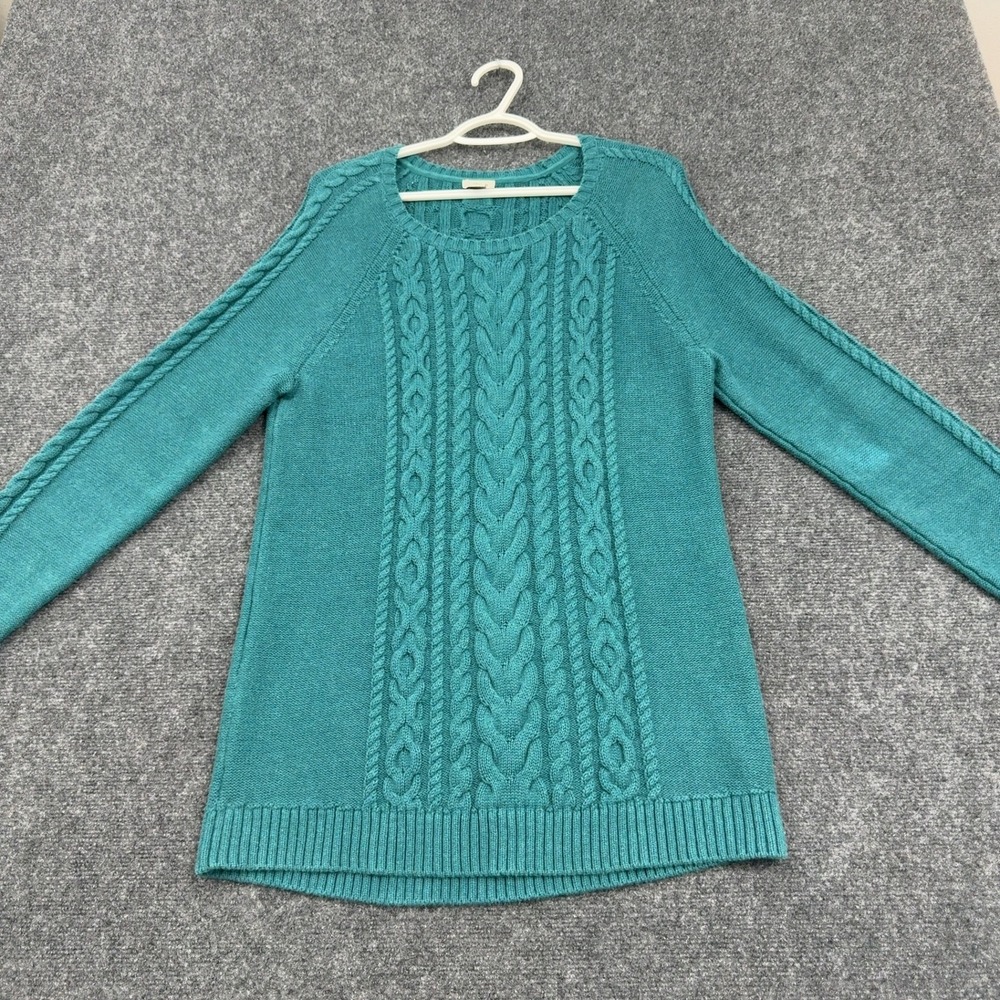 LL Bean Sweater Womens L Teal Cotton Cable Knit Crew Neck Classic Casual
